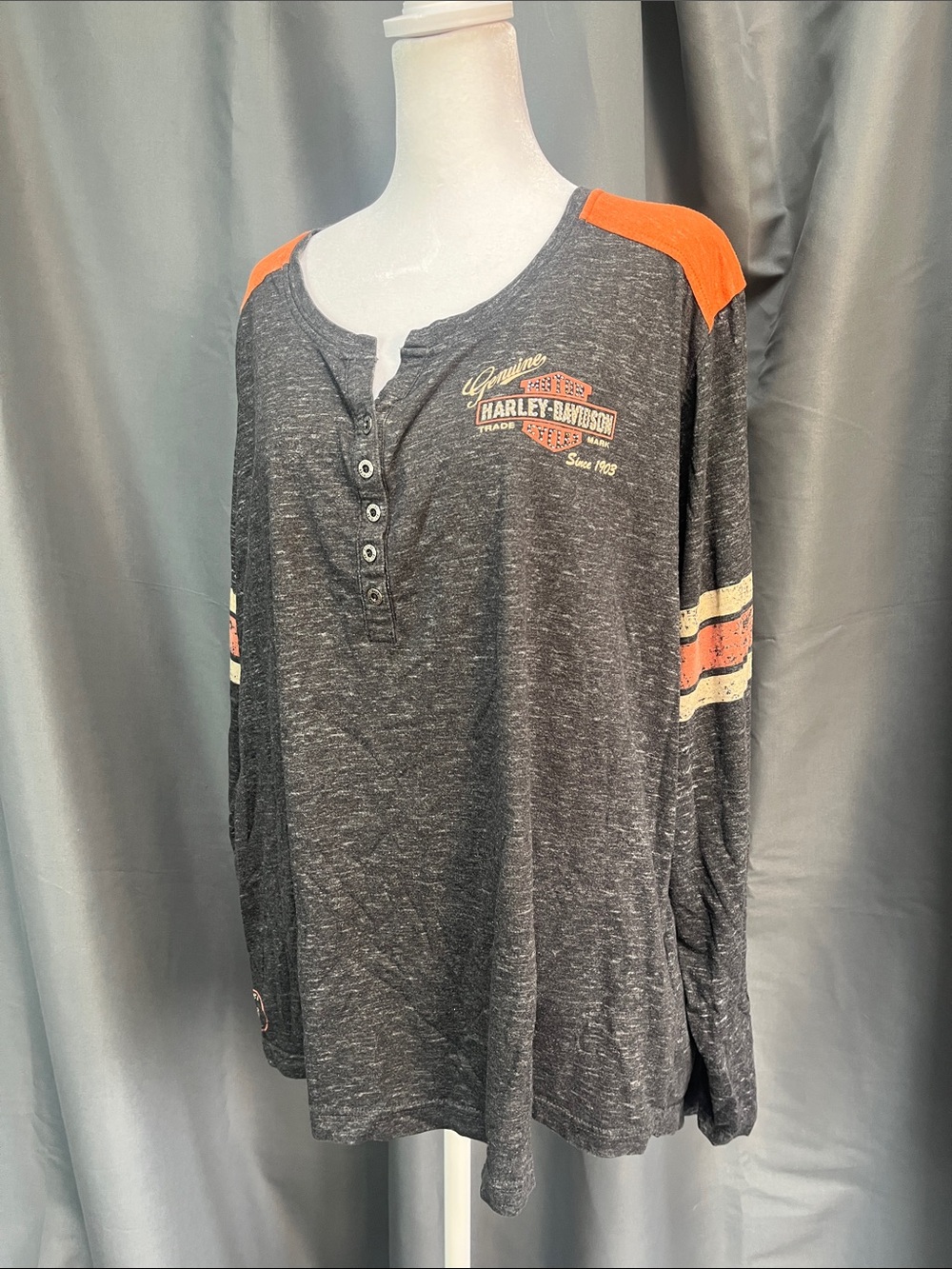 Harley-Davidson Charcoal Long Sleeve Henley with Orange Accents